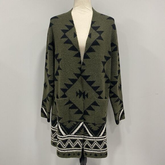FRYE L Womens Green Cozy Aztec Southwest Tribal Western Long Sweater Cardigan - Picture 1 of 15